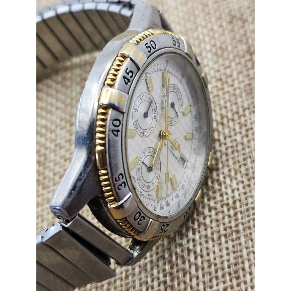 ELGIN FS321B Chrono Day/Date/Month Two-Tone Unisex Wristwatch New Battery